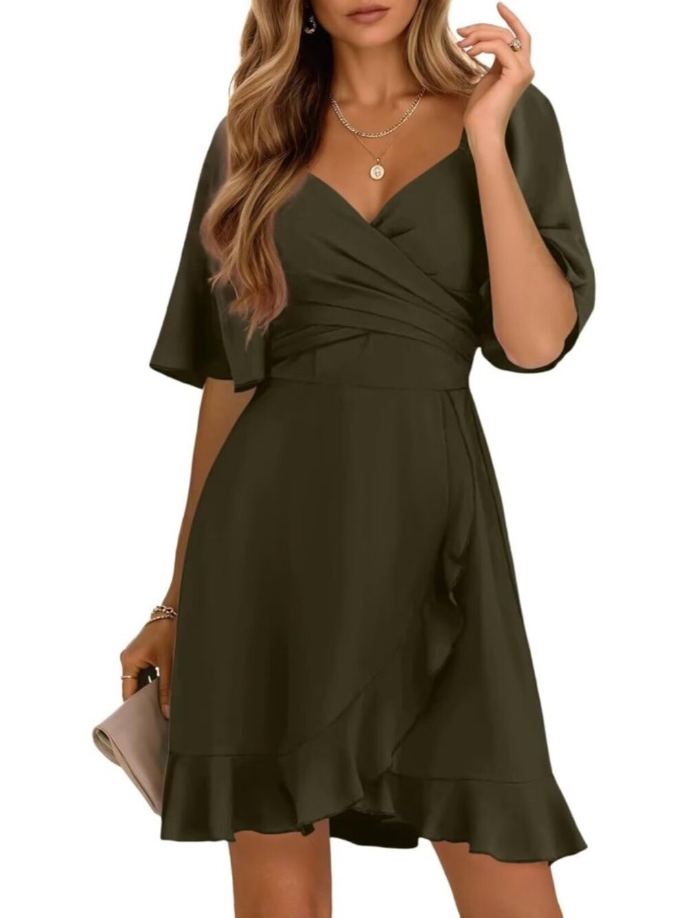 Women's Moss Green Wrap V Neck Short Sleeve Elastic Waist Wedding Mini Dresses